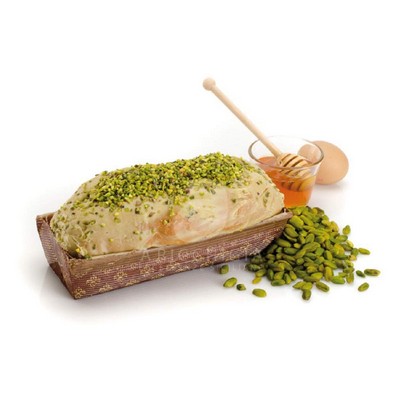 Homemade Sweet Bread Covered with Chocolate anf Grains Pistachios stuffed Pistachio Cream 